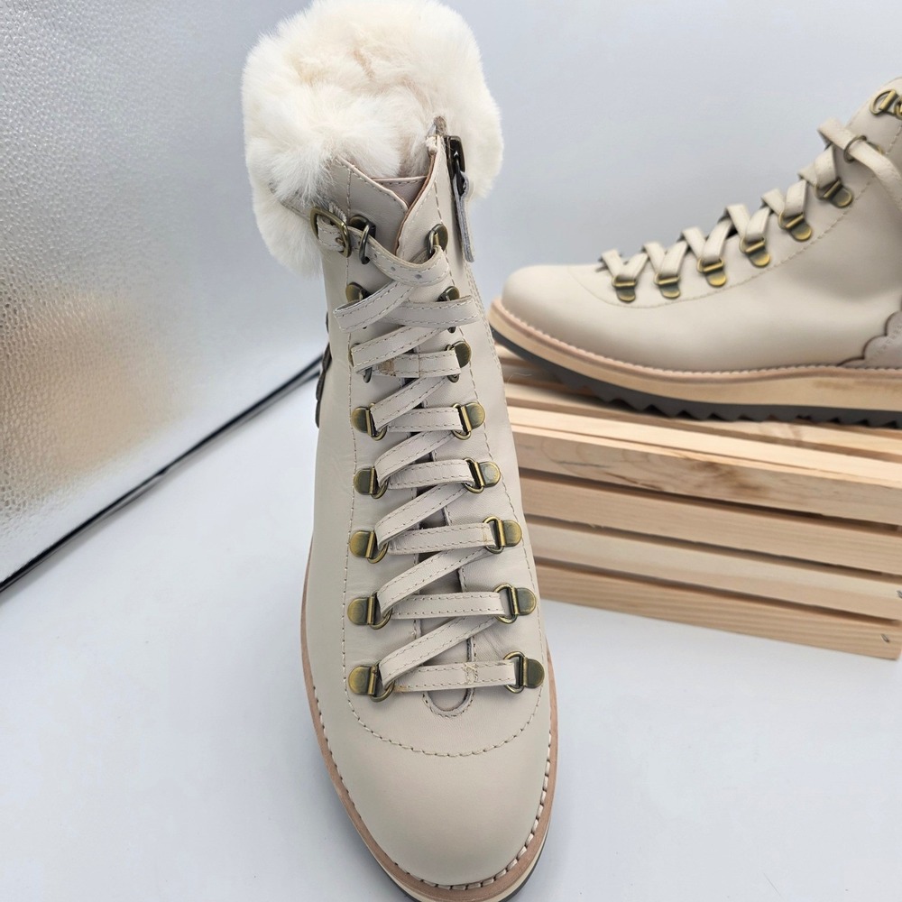 Kate Spade Maira Leather Faux Fur Trim Hiker Boots Parchment Cream Womens 8.5 M